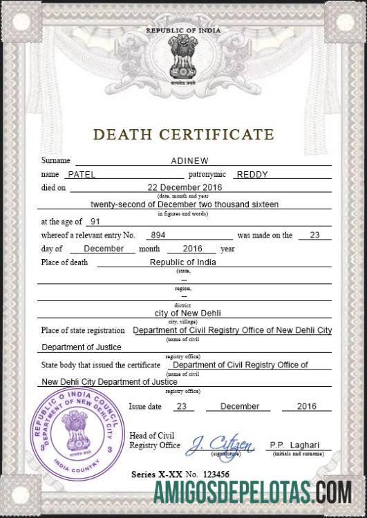 Imprimível modelo PSD de certidão de óbito da Índia,